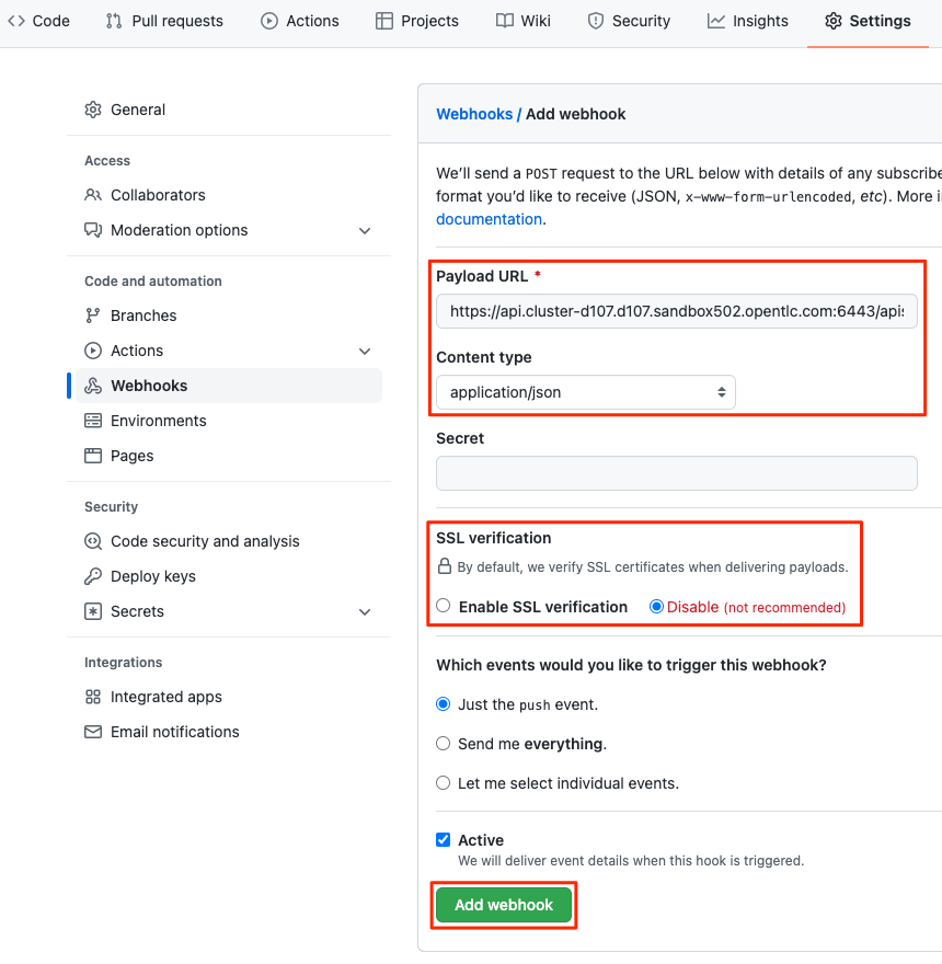 GitHub add webhook