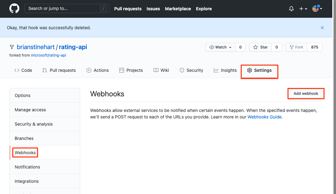 Rating API GitHub webhook navigation